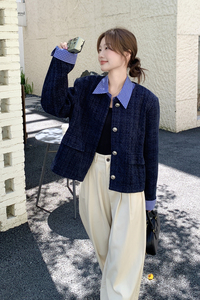 藏青色复古拼接小香风短外套女2025春秋季新款法式小个子显瘦上衣图片