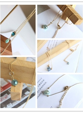 欧美饰品日韩风蓝色玻璃吊坠项链