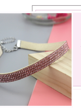 宝贝王瑞欧美外贸饰品日韩首饰皮质粉色镶四排粉钻细面颈链BC03