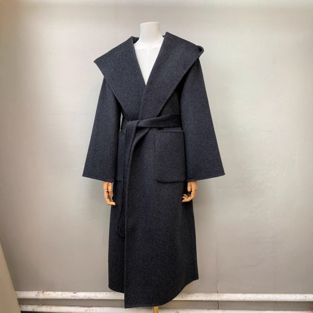 深灰色连帽长款宽松版系带骆驼绒大衣双面羊毛外套女新品韩系浴袍