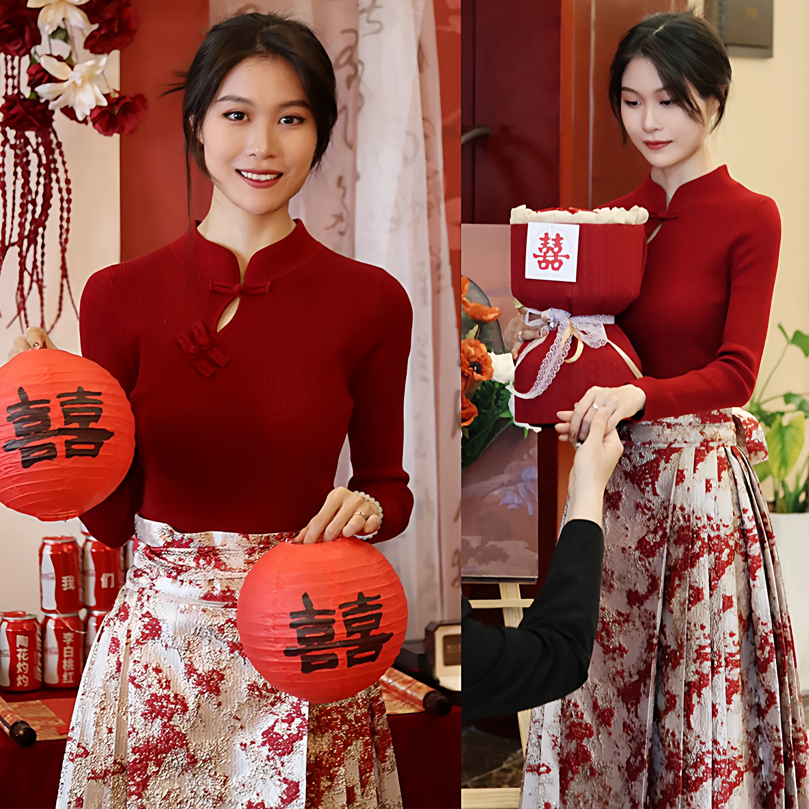 新年本命年红新中式立领盘扣毛衣