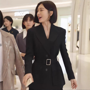 25春秦岚明星同款职场精英白领干练女总裁黑色口袋收腰西装外套