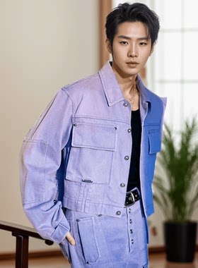 邓为同款紫色长袖短款牛仔外套工装高腰直筒长裤时尚套装潮男