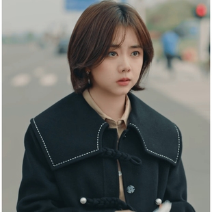 尚品你比星光美丽谭松韵纪星同款衣服黑色盘口供针中长款毛呢外套