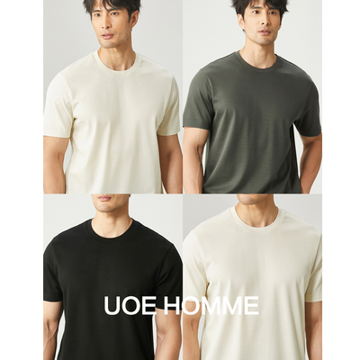 UOE夏季新品高端长绒棉22针提花面料一体起角工艺男士圆领短袖T恤