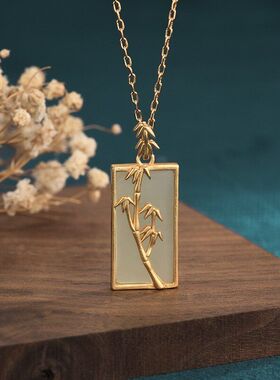中国风旗袍镀金饰品颈链节节高升竹叶方形无事牌复古吊坠项链女