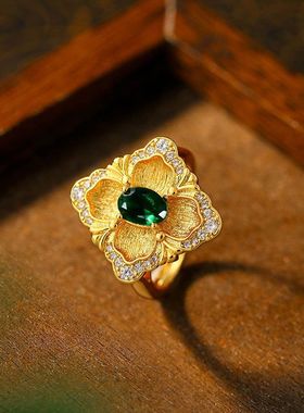 真金电镀意大利布拉提工艺珠宝套装复古仿潘杰希尔祖母绿彩宝戒指