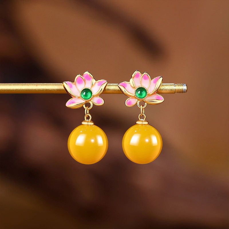 S925银针冷珐琅莲花和田玉耳坠女新中式国风设计高级感耳钉耳饰品