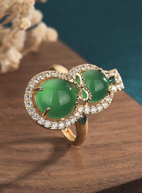 网红带货直播中国风古装汉服搭配手饰天然玉髓玛瑙葫芦指环戒指女