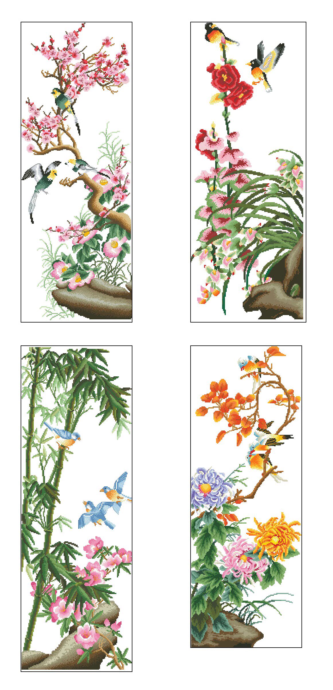 十字绣电子图纸421 小鸟梅兰竹菊 约130w*350h50色 xsd源文件