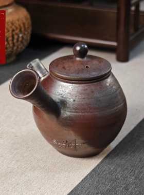 柴烧侧把壶泡茶壶 高货 油润火彩窑变金银七彩 自然落灰 古拙