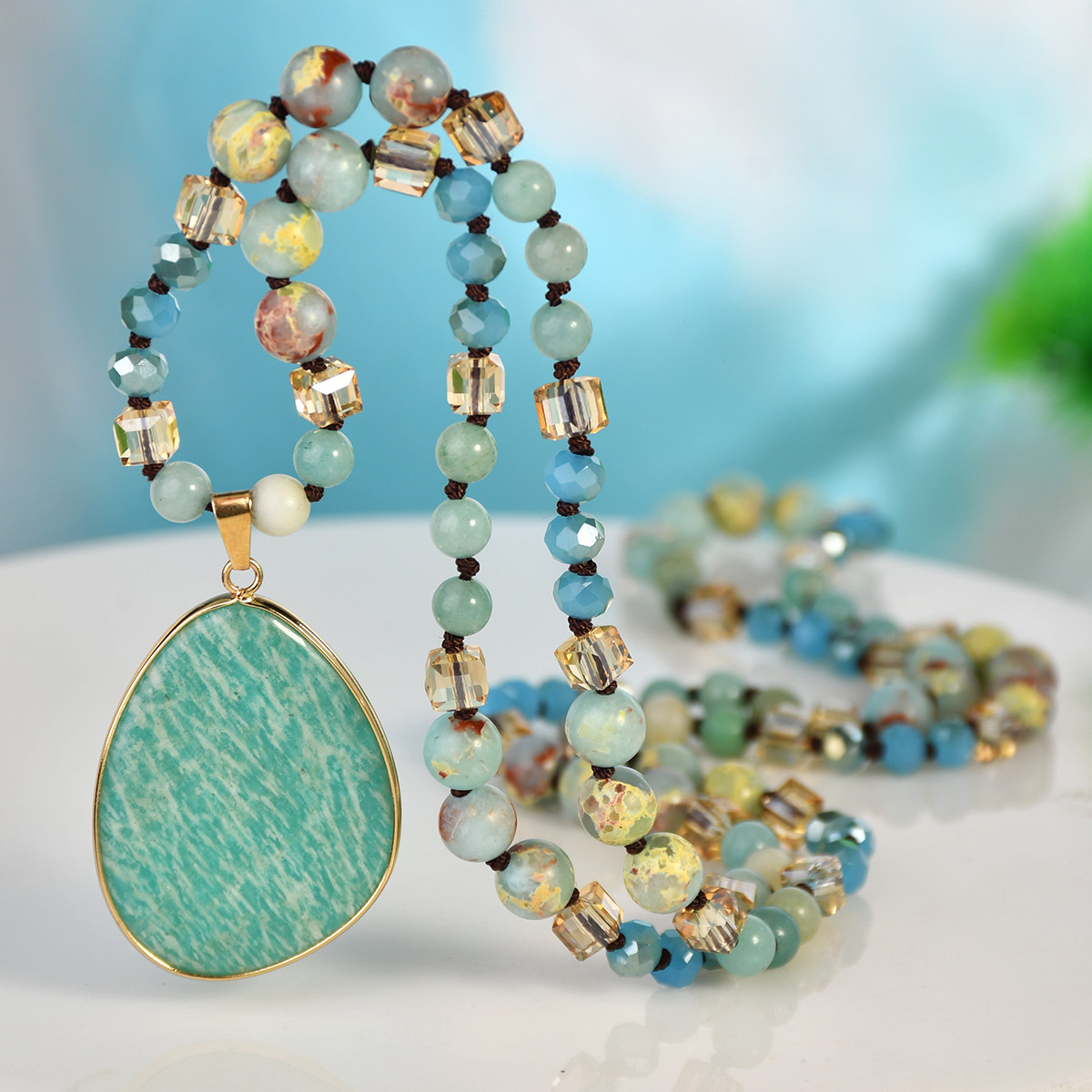 手工打结天河石吊坠长款项链女轻奢小众石头高级感毛衣链时尚百搭