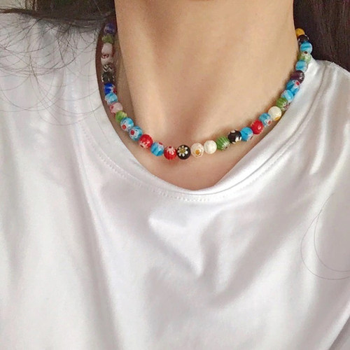 春夏甜酷彩色琉璃锁骨链女地中海