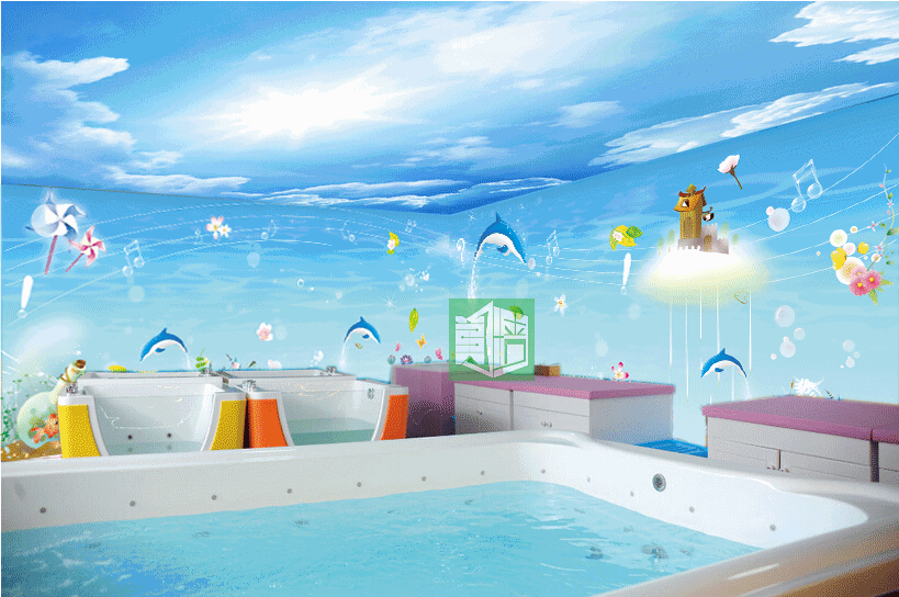 婴儿游泳馆壁纸海洋馆防水墙纸孕婴用品店卡通海豚巨幅大型壁画