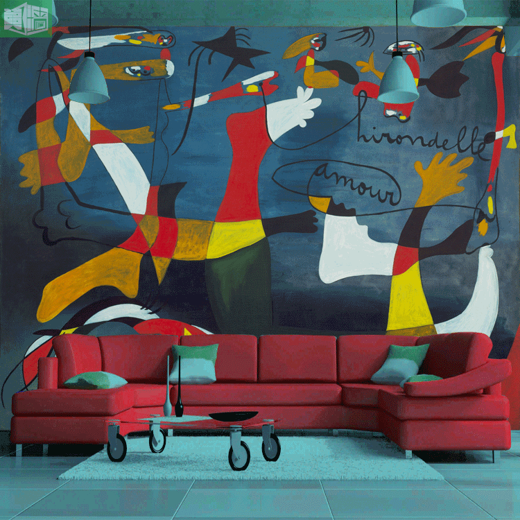 胡安米罗油画壁纸灵动活泼抽象艺术墙纸 幼儿园绘画室壁画