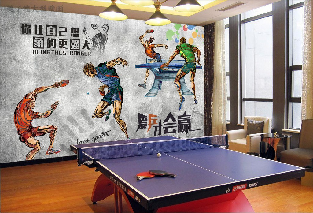 乒乓球壁纸 室内健身房体育馆背景墙纸 乒乓球培训中心壁画