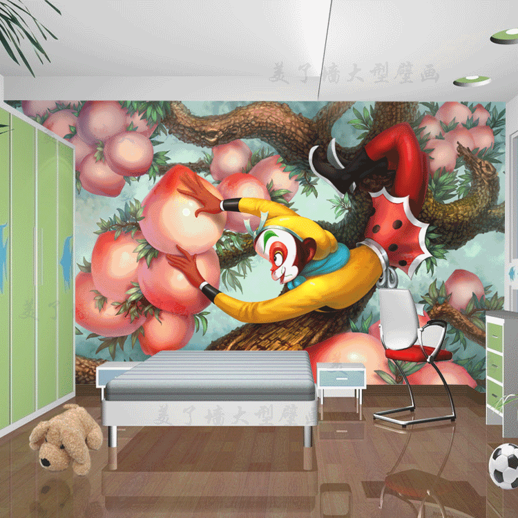 孙悟空大闹天宫卡通壁纸西游记手绘墙纸儿童房美猴王摘桃壁画