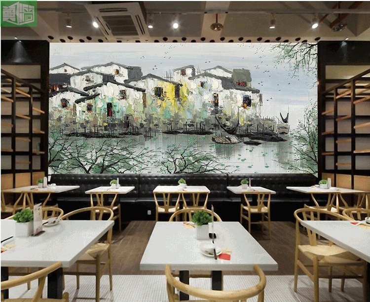江南水乡墙纸 乌镇风景油画壁纸 书房卧室定制墙布
