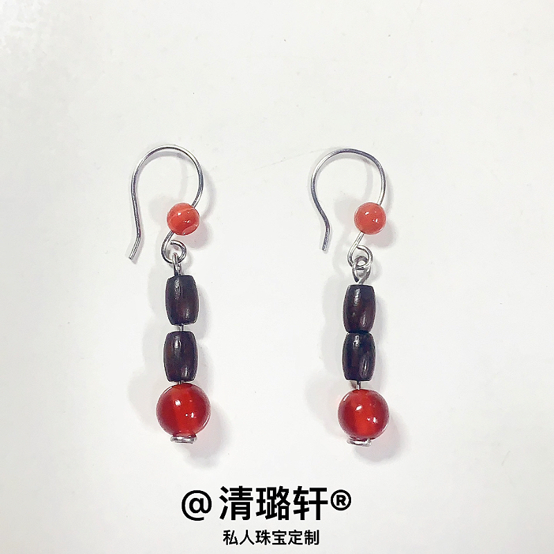 真原创天然红玛瑙新中式耳环气质旗袍优雅耳饰小众小叶紫檀本命红