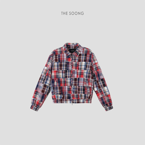 THESOONG/复古拼图 英伦复古小众格纹加厚哈灵顿棉服夹克外套9337