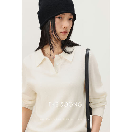 绵羊毛POLO领长袖毛衣女