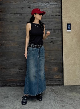 THESOONG/经典再塑 薄款纯棉水洗擦砂中腰显瘦牛仔半身裙6884