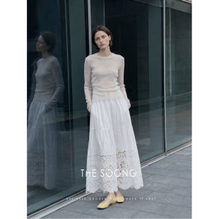 THESOONG/白色苎麻棉水溶镂空刺绣半身裙女高腰显瘦A字长裙9414