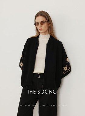 THESOONG/一枝花 100%纯羊毛细腻肌理感立体坑条拉链毛衣外套7239