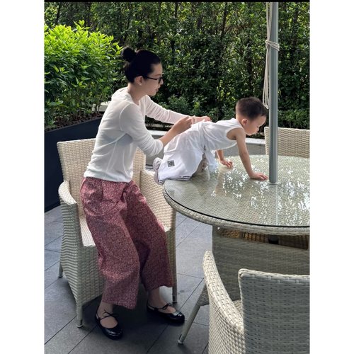 THESOONG纯棉松紧腰花裤子