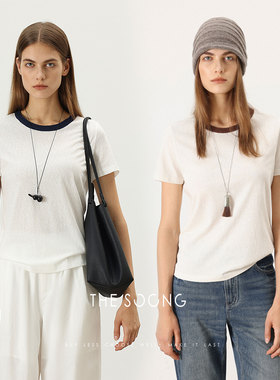 THESOONG/早秋圆领短袖撞色T恤女吸汗薄款修身形短款7433