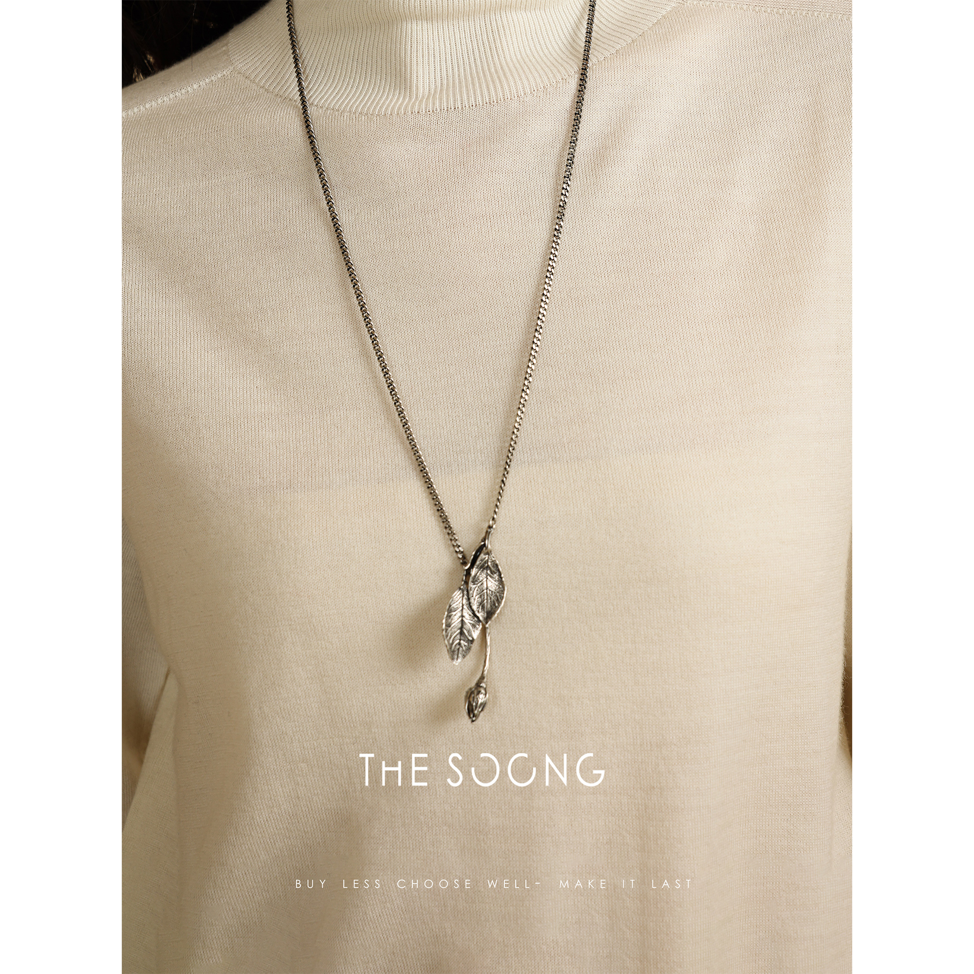 THESOONG手工捶打小树叶毛衣项链