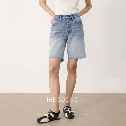 THESOONG/春季新品高腰A字形五分牛仔短裤女小个子直筒HBNZ8435