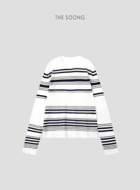 THESOONG/轻柔垂感 醋纤混纺撞色条纹光泽垂感圆领长袖T恤女8433