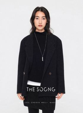 THESOONG/秋冬羊毛黑色大衣女士宽松加厚保暖双面呢西装外套7651