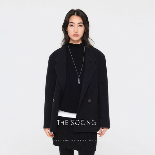 黑色宽松加厚双面呢西装外套女