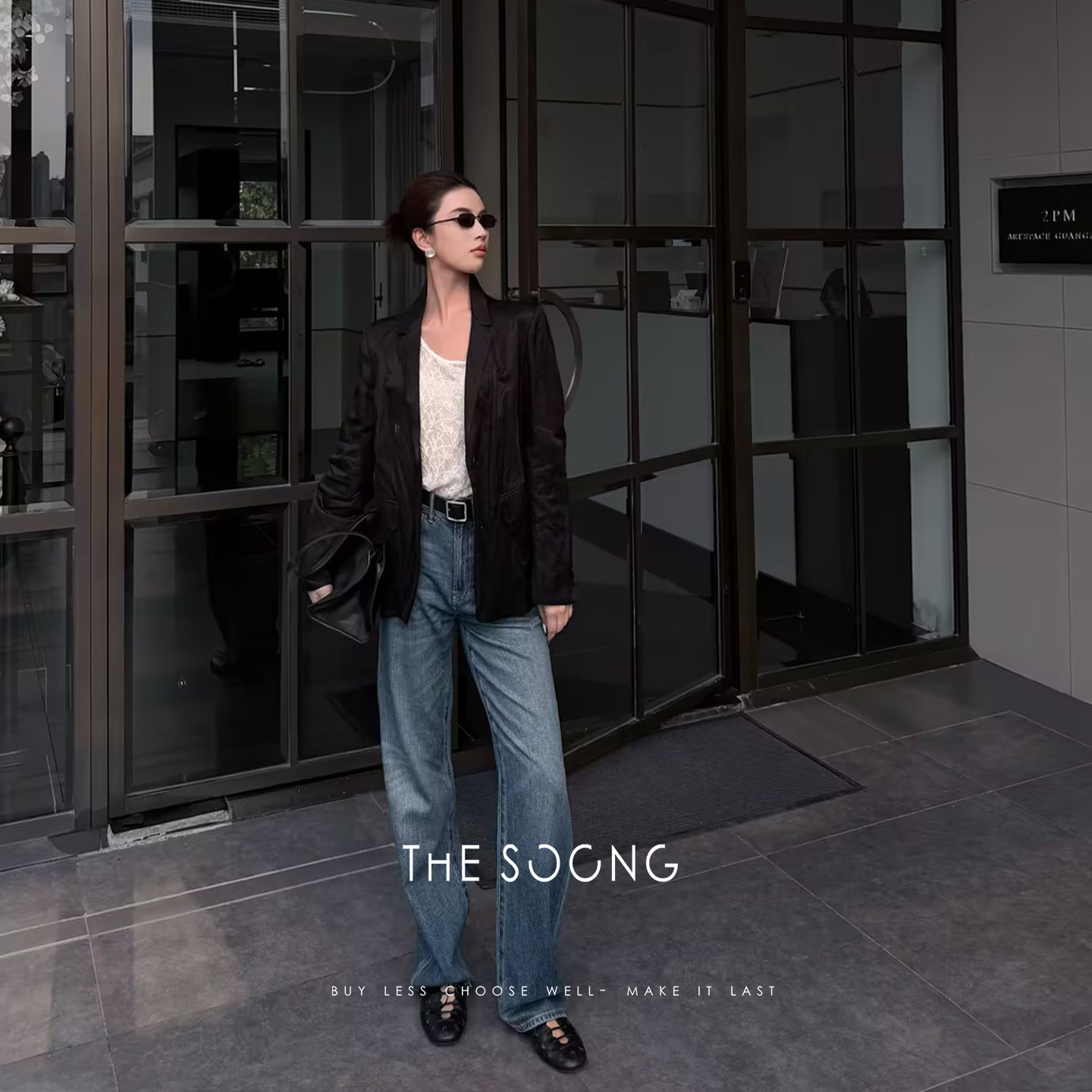 THESOONG/慵懒廓形 重磅意制自然褶皱女士黑色小西装外套8636