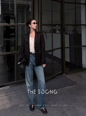 THESOONG/慵懒廓形 重磅意制自然褶皱女士黑色小西装外套8636