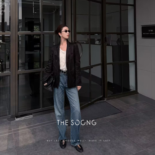 THESOONG/慵懒廓形 重磅意制自然褶皱女士黑色小西装外套8636