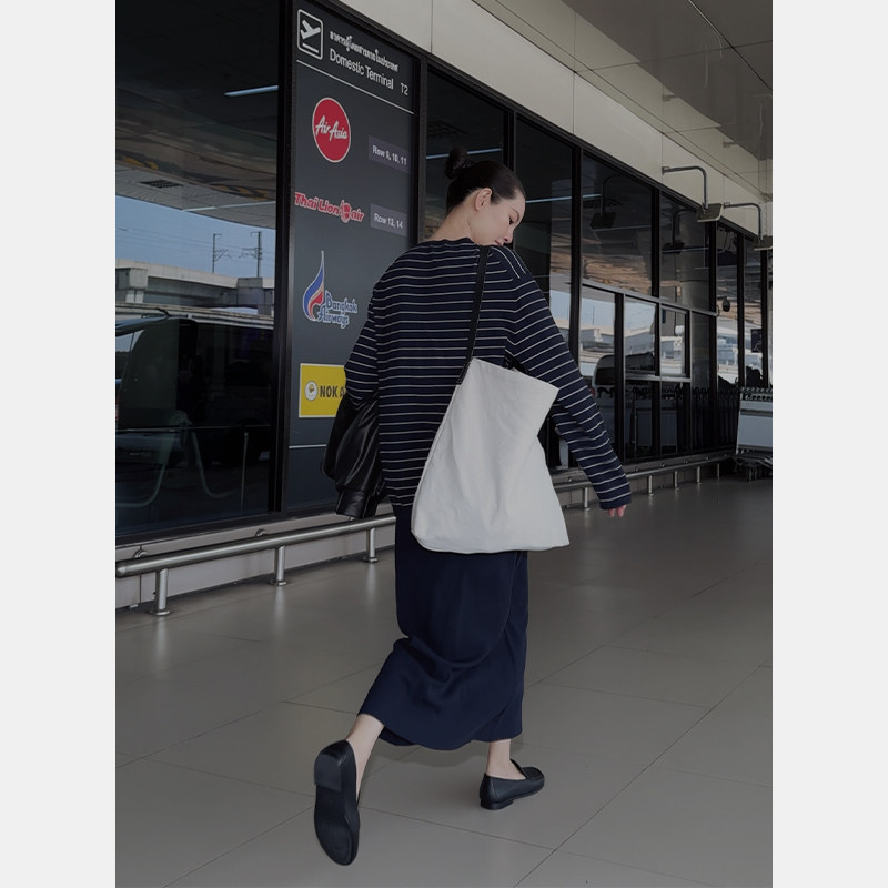 THESOONG/质感生活家 经典条纹高支半裙松紧腰休闲套装7663/7662 - 实物图