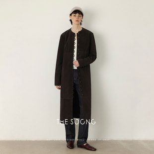 皮衣 无领中长款 THESOONG 100%高端真皮山羊皮外套女直筒风衣修身