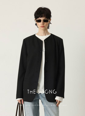 THESOONG/极简溯源 羊毛精工立裁手工缝扣女士无领西装外套7467