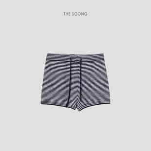 6552 极简黑白条纹橡胶中腰高弹休闲沙滩短裤 THESOONG MINI条纹