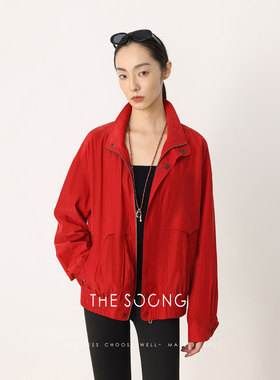 THESOONG/春季新品中古红色夹克女外套飞行服宽松上衣HBWT8125