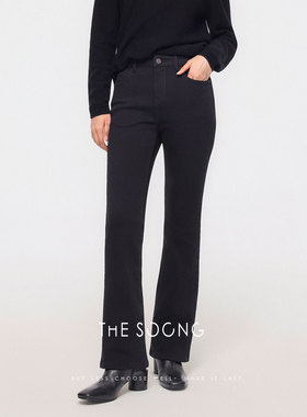 THESOONG/年度黑牛 加厚加绒正腰高弹拉链微喇黑色牛仔裤女7929