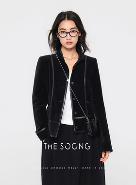 THESOONG/秋冬女士复古分割线修身短款正肩立领丝绒棉服外套7774