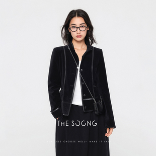 正肩立领丝绒棉服外套7774 短款 THESOONG 秋冬女士复古分割线修身