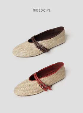 THESOONG/经典羊皮拉菲草巨软一脚蹬复古平底芭蕾玛丽珍草鞋6692