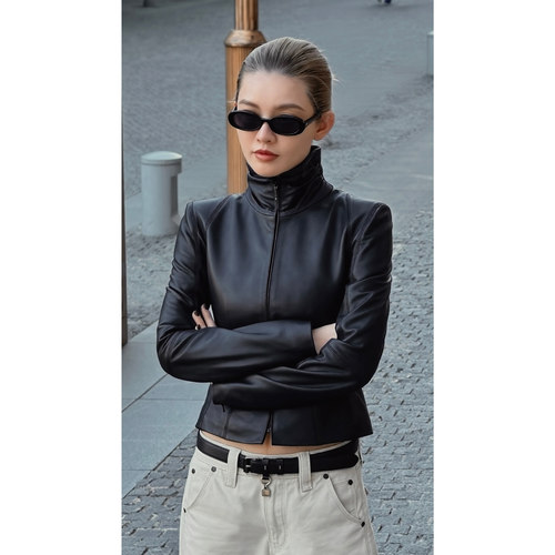 THESOONG/千禧年 英国进口纯黑羊皮立领短款收腰皮衣外套女9299