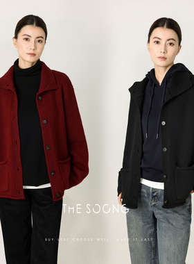 THESOONG/100%美利奴绵羊毛高领单排扣秋冬针织开衫毛衣外套7749