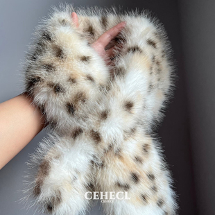 复古斑点豹纹毛毛围巾女环保皮草冬季加厚保暖护颈韩版交叉围脖潮